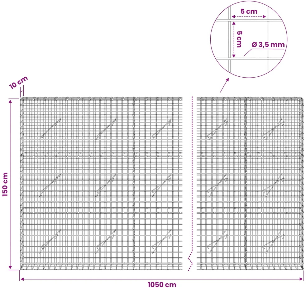 Gabionas su 3,5 mm laidu ir 5x5 cm tinkleliu 1050x10x150 cm