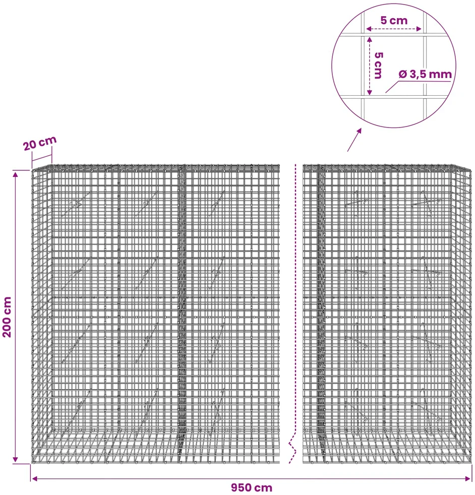 Gabionas su 3,5 mm laidu ir 5x5 cm tinkleliu 950x20x200 cm