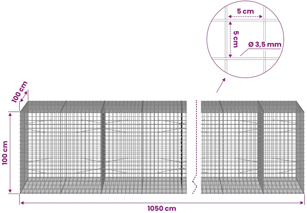Gabionas su 3,5 mm laidu ir 5x5 cm tinkleliu 1050x100x100 cm