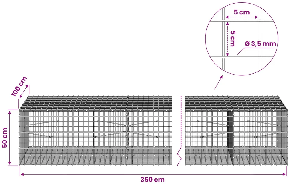 Gabionas su 3,5 mm laidu ir 5x5 cm tinkleliu 350x100x50 cm