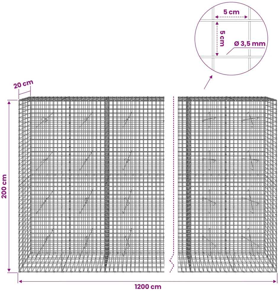 Gabionas su 3,5 mm laidu ir 5x5 cm tinkleliu 1200x20x200 cm