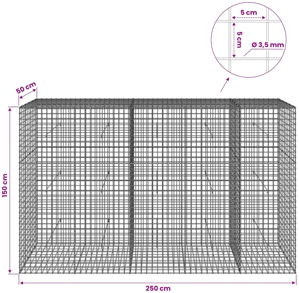 Gabionas su 3,5 mm laidu ir 5x5 cm tinkleliu 250x50x150 cm