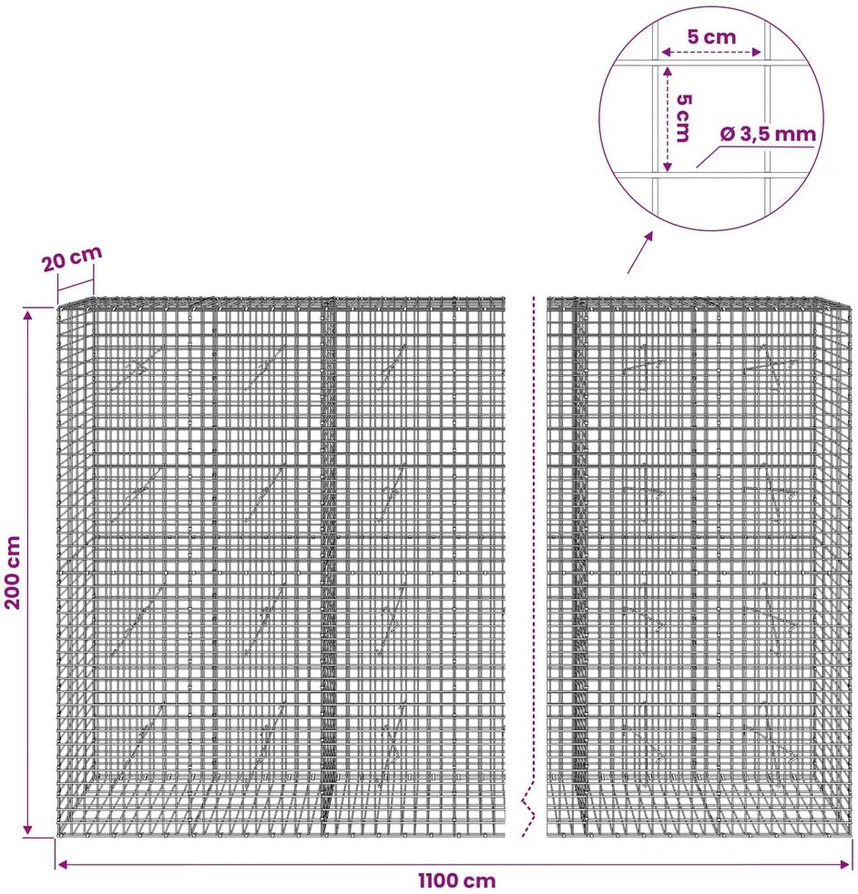 Gabionas su 3,5 mm laidu ir 5x5 cm tinkleliu 1100x20x200 cm