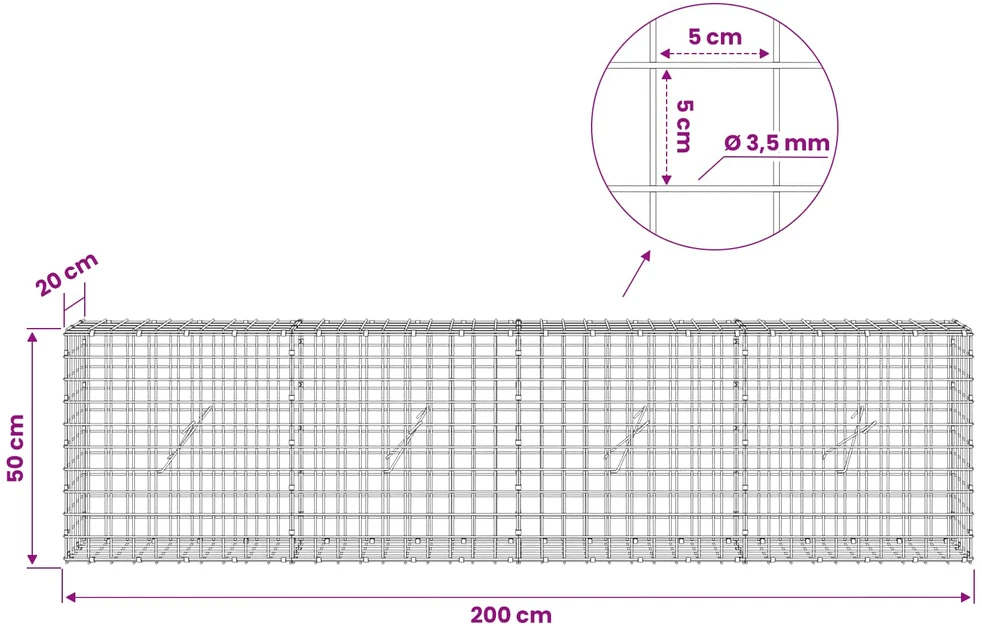 Gabionas su 3,5 mm laidu ir 5x5 cm tinkleliu 200x20x50 cm