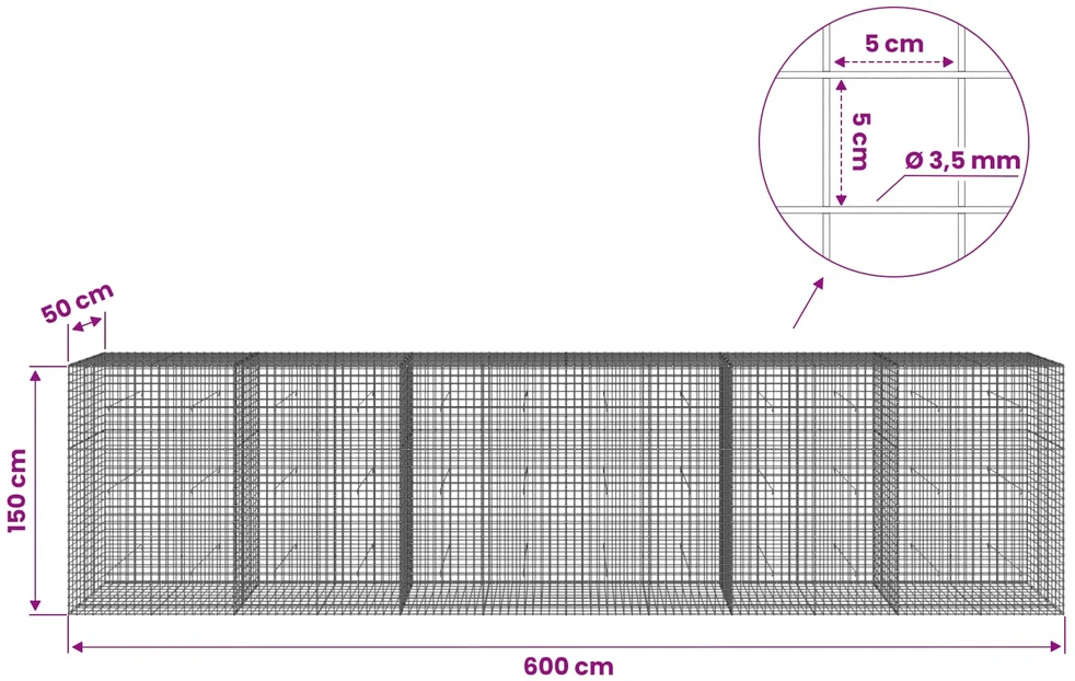 Gabionas su 3,5 mm laidu ir 5x5 cm tinkleliu 600x50x150 cm