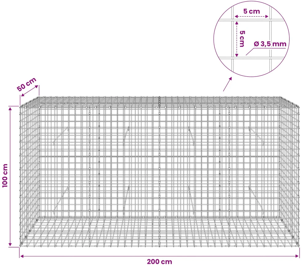 Gabionas su 3,5 mm laidu ir 5x5 cm tinkleliu 200x50x100 cm