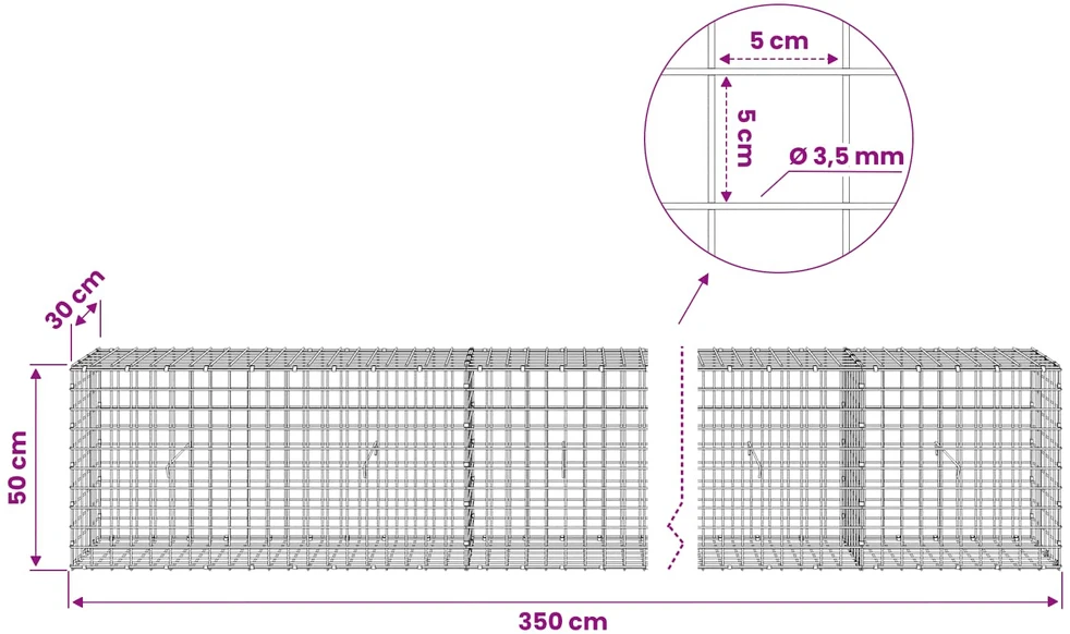 Gabionas su 3,5 mm laidu ir 5x5 cm tinkleliu 350x30x50 cm