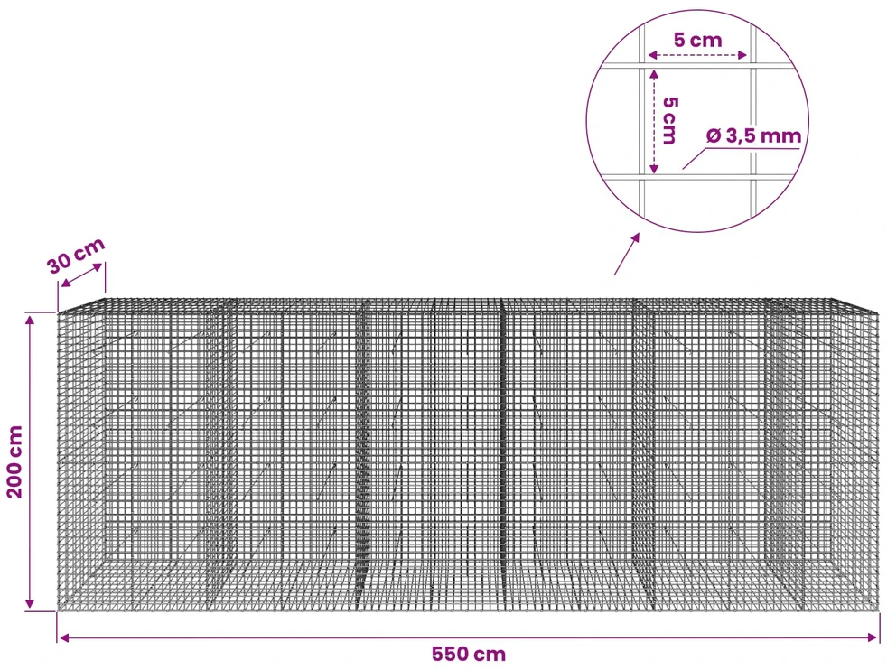 Gabionas su 3,5 mm laidu ir 5x5 cm tinkleliu 550x30x200 cm