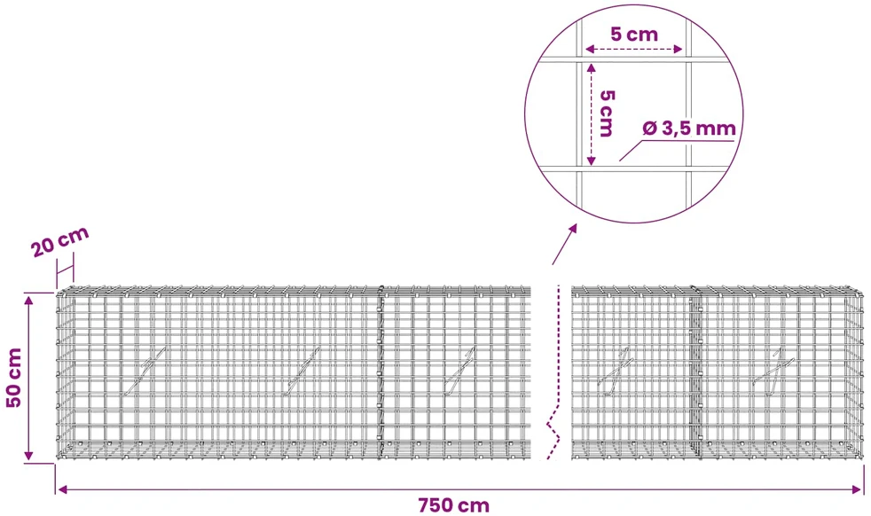 Gabionas su 3,5 mm laidu ir 5x5 cm tinkleliu 750x20x50 cm