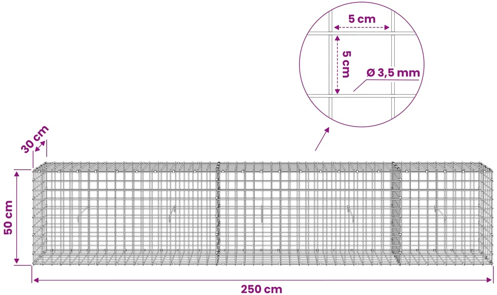 Gabionas su 3,5 mm laidu ir 5x5 cm tinkleliu 250x30x50 cm
