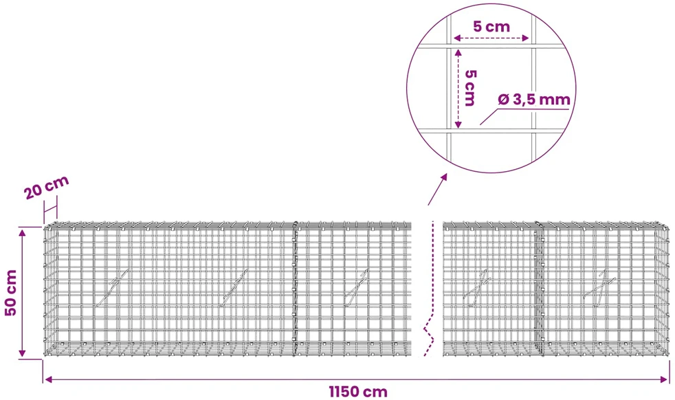 Gabionas su 3,5 mm laidu ir 5x5 cm tinkleliu 1150x20x50 cm