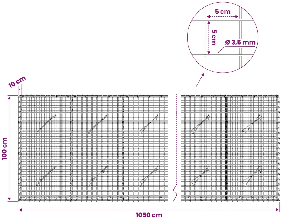 Gabionas su 3,5 mm laidu ir 5x5 cm tinkleliu 1050x10x100 cm