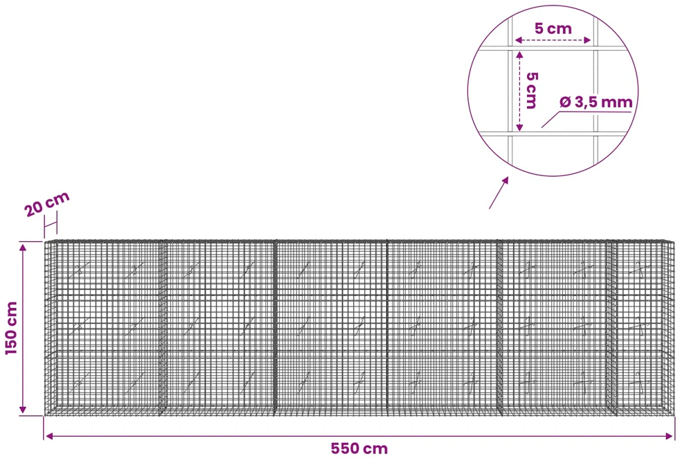 Gabionas su 3,5 mm laidu ir 5x5 cm tinkleliu 550x20x150 cm