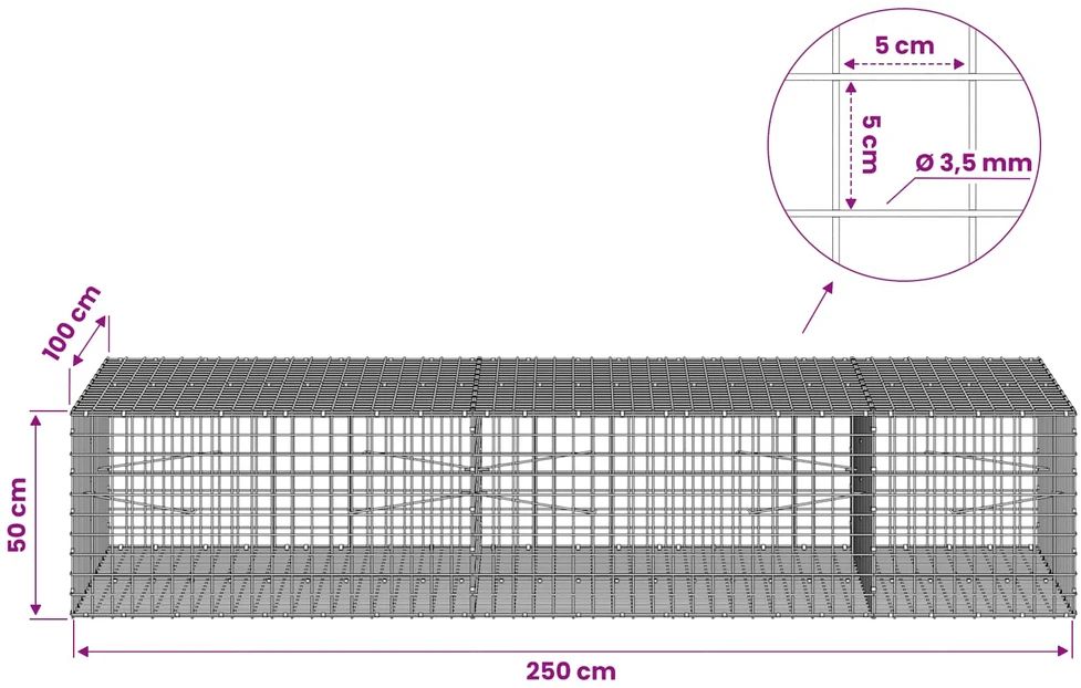 Gabionas su 3,5 mm laidu ir 5x5 cm tinkleliu 250x100x50 cm