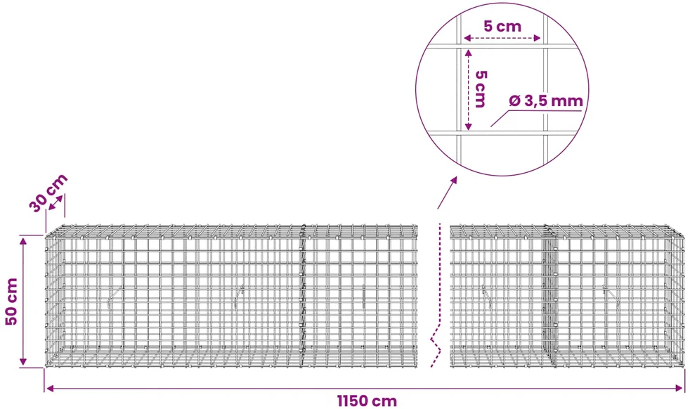 Gabionas su 3,5 mm laidu ir 5x5 cm tinkleliu 1150x30x50 cm