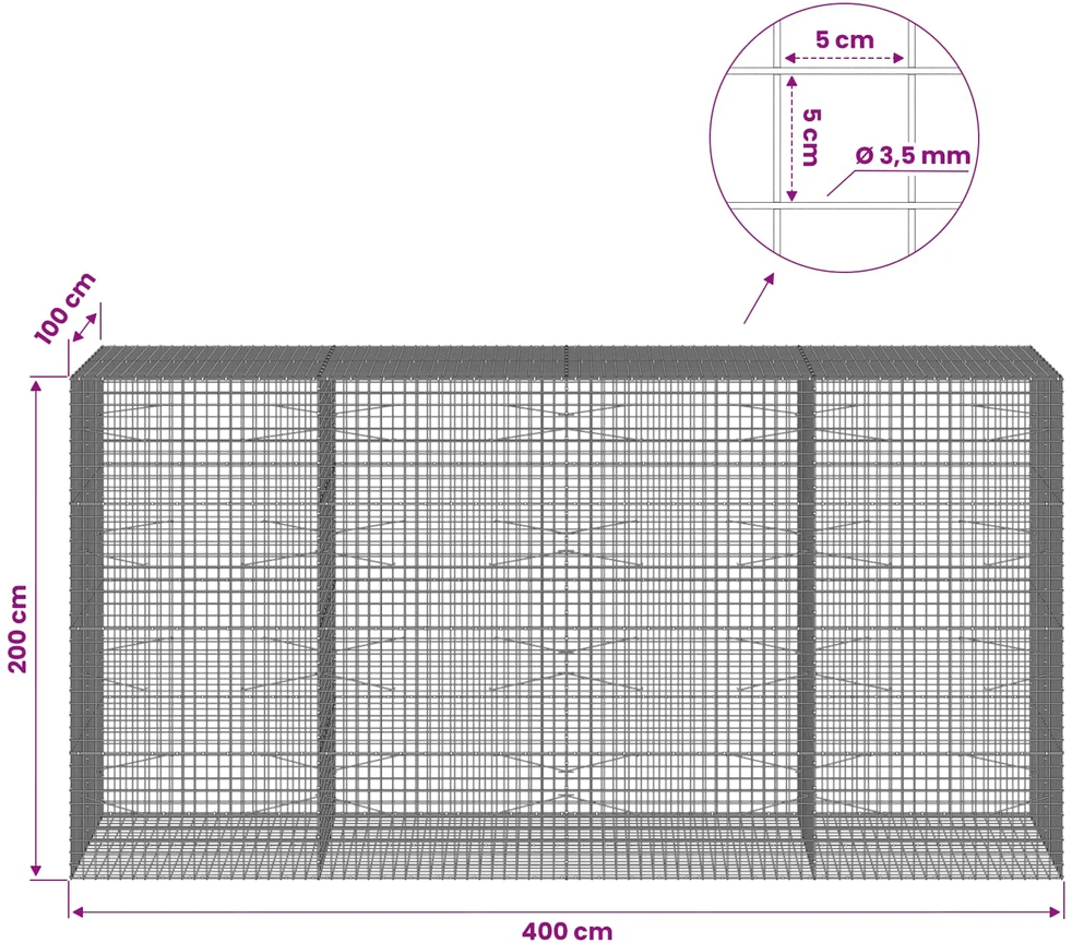 Gabionas su 3,5 mm laidu ir 5x5 cm tinkleliu 400x100x200 cm