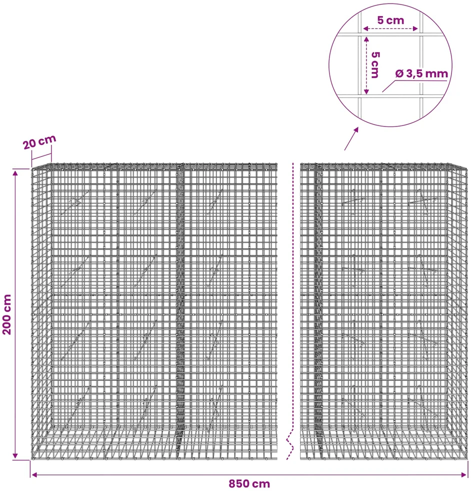 Gabionas su 3,5 mm laidu ir 5x5 cm tinkleliu 850x20x200 cm