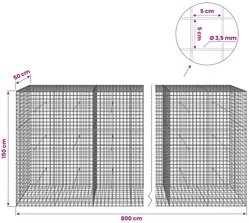 Gabionas su 3,5 mm laidu ir 5x5 cm tinkleliu 800x50x150 cm