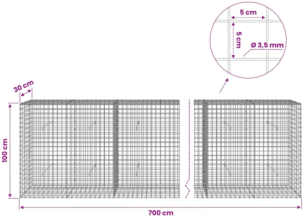 Gabionas su 3,5 mm laidu ir 5x5 cm tinkleliu 700x30x100 cm