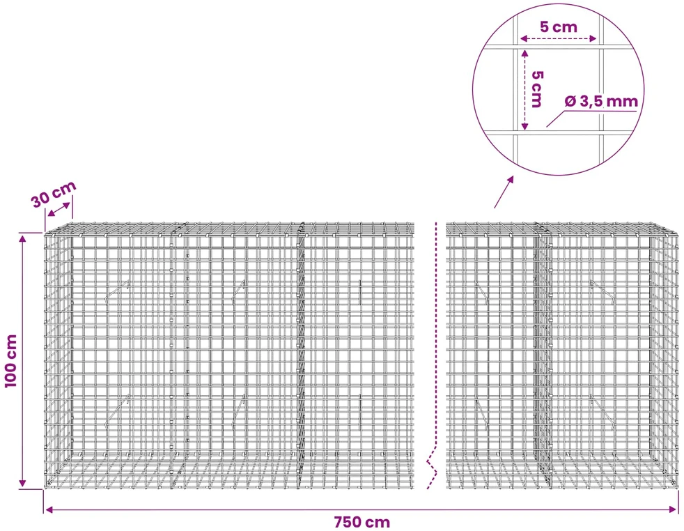 Gabionas su 3,5 mm laidu ir 5x5 cm tinkleliu 750x30x100 cm
