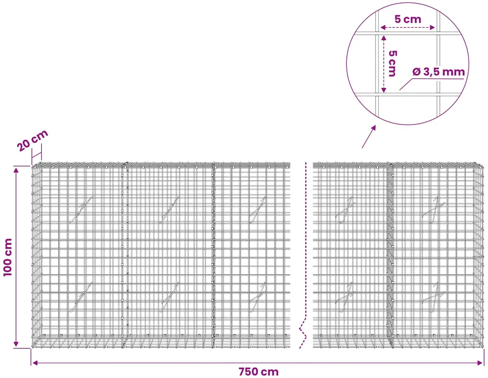 Gabionas su 3,5 mm laidu ir 5x5 cm tinkleliu 750x20x100 cm
