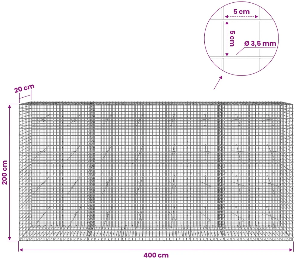 Gabionas su 3,5 mm laidu ir 5x5 cm tinkleliu 400x20x200 cm