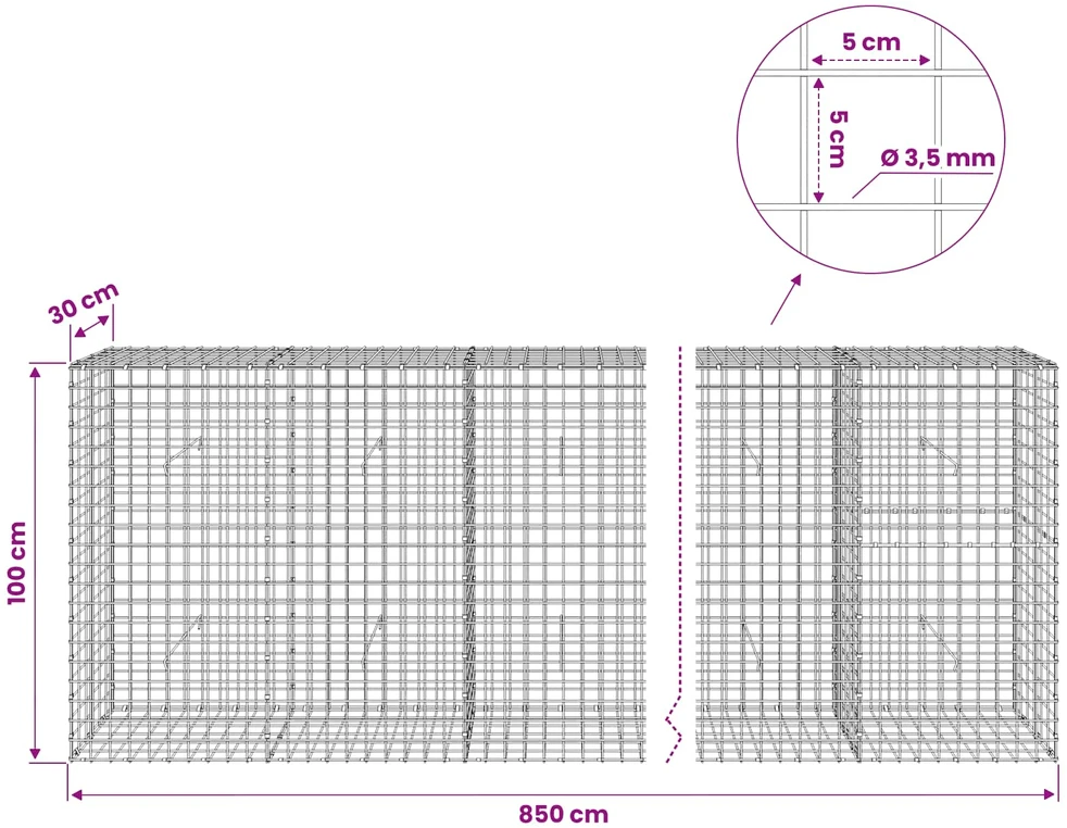 Gabionas su 3,5 mm laidu ir 5x5 cm tinkleliu 850x30x100 cm