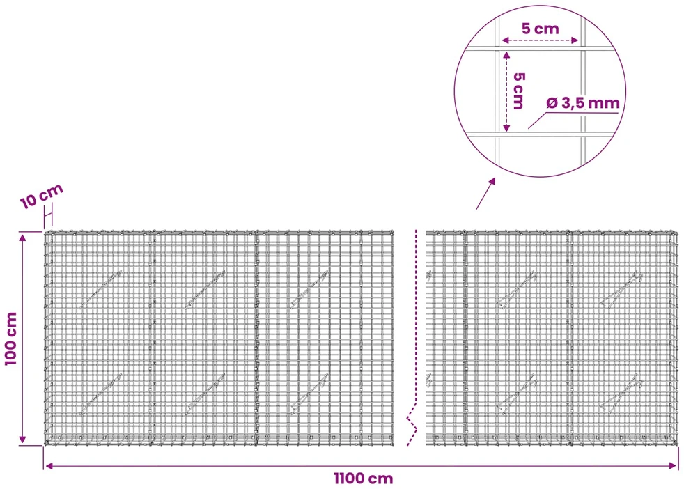 Gabionas su 3,5 mm laidu ir 5x5 cm tinkleliu 1100x10x100 cm