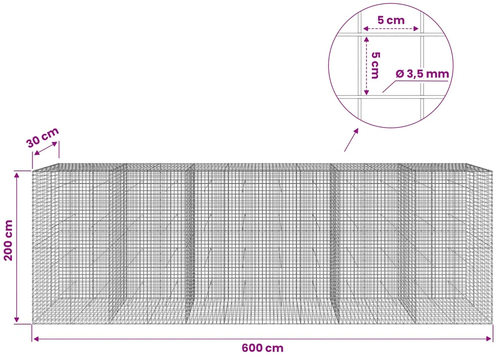 Gabionas su 3,5 mm laidu ir 5x5 cm tinkleliu 600x30x200 cm