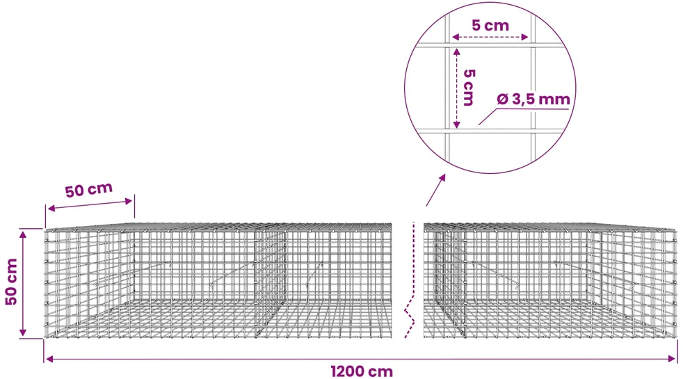 Gabionas su 3,5 mm laidu ir 5x5 cm tinkleliu 1200x50x50 cm
