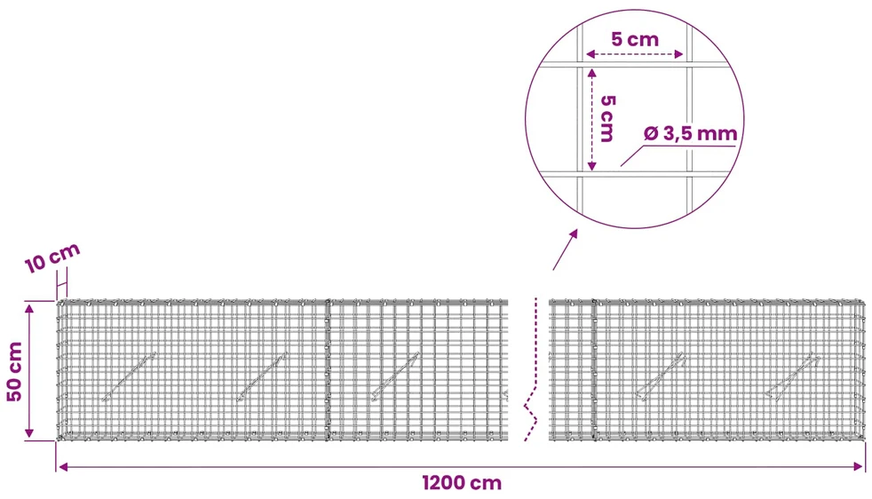 Gabionas su 3,5 mm laidu ir 5x5 cm tinkleliu 1200x10x50 cm