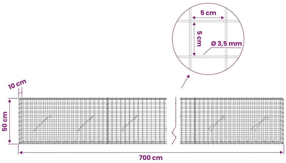 Gabionas su 3,5 mm laidu ir 5x5 cm tinkleliu 700x10x50 cm
