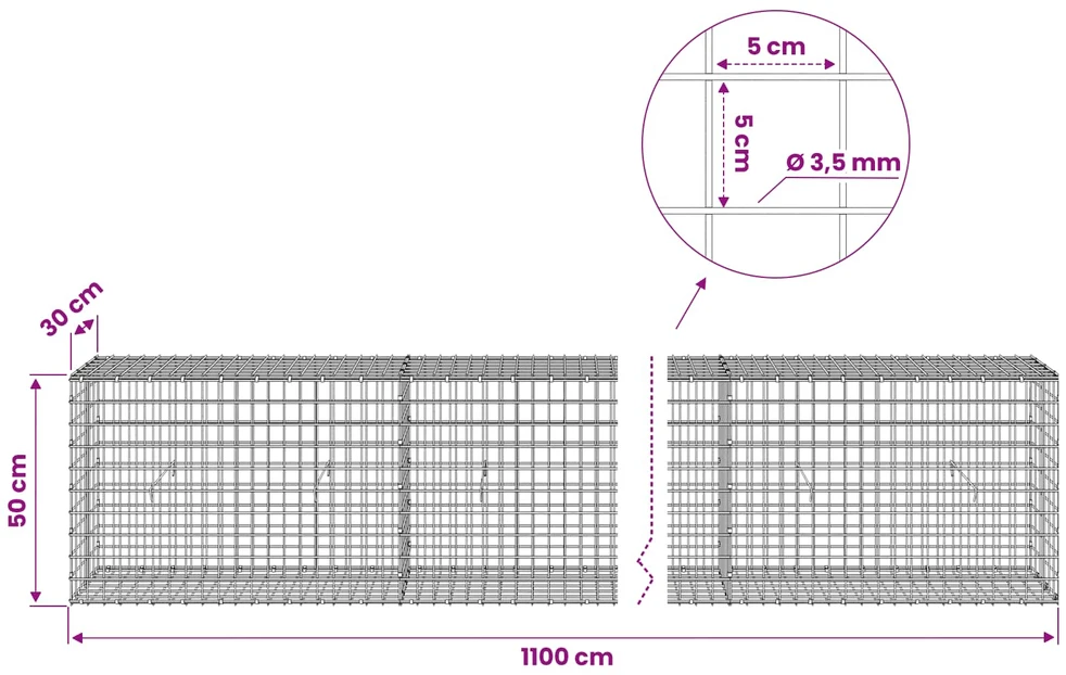 Gabionas su 3,5 mm laidu ir 5x5 cm tinkleliu 1100x30x50 cm
