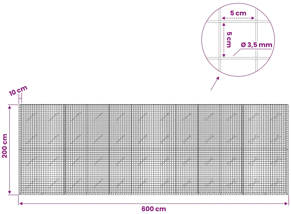 Gabionas su 3,5 mm laidu ir 5x5 cm tinkleliu 600x10x200 cm