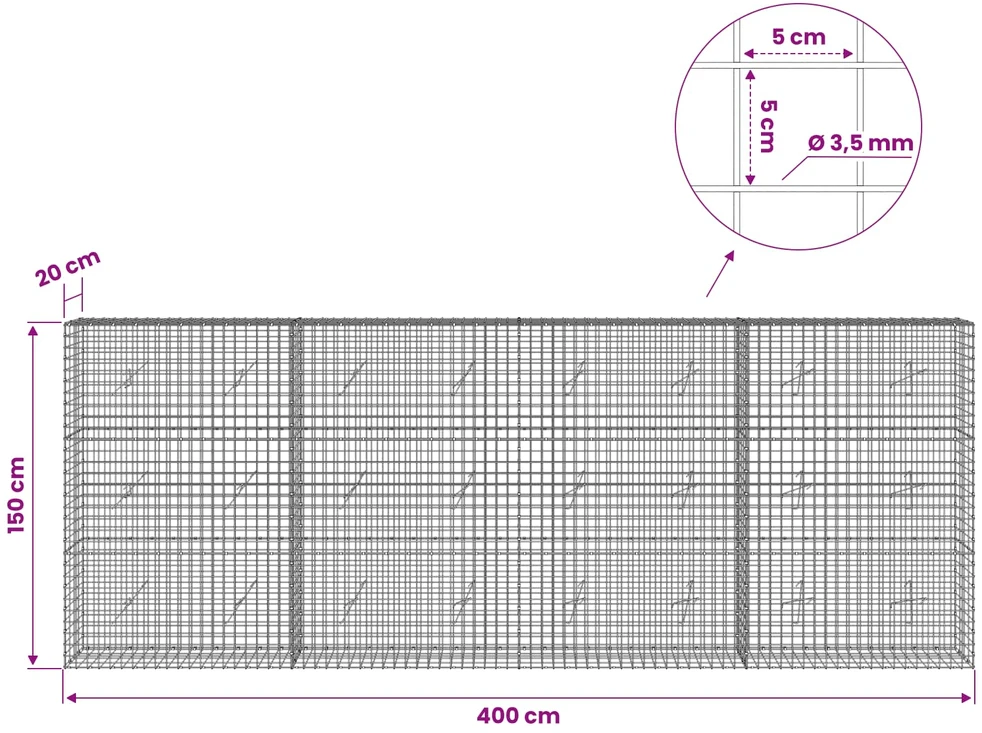 Gabionas su 3,5 mm laidu ir 5x5 cm tinkleliu 400x20x150 cm