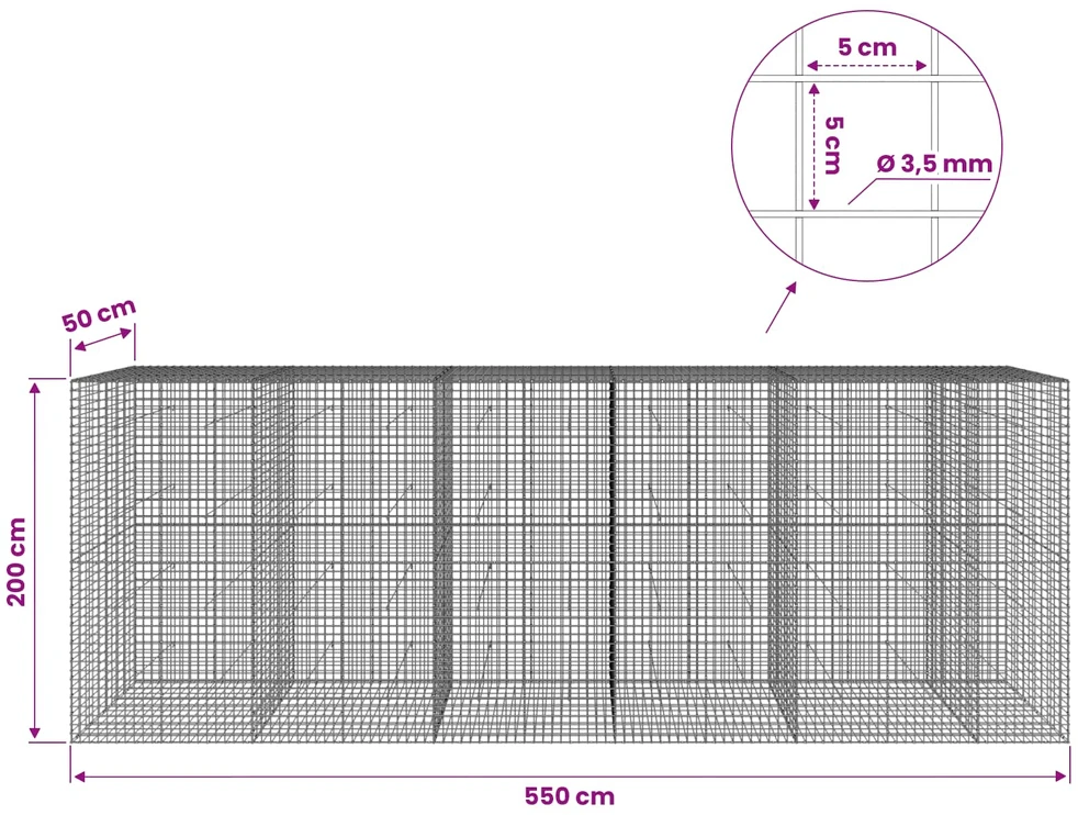 Gabionas su 3,5 mm laidu ir 5x5 cm tinkleliu 550x50x200 cm