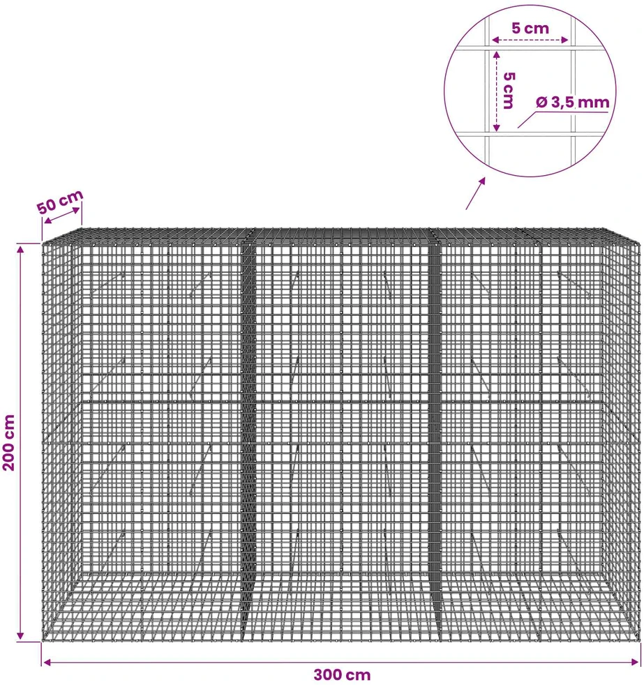 Gabionas su 3,5 mm laidu ir 5x5 cm tinkleliu 300x50x200 cm