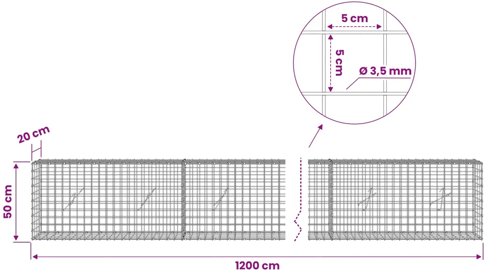 Gabionas su 3,5 mm laidu ir 5x5 cm tinkleliu 1200x20x50 cm