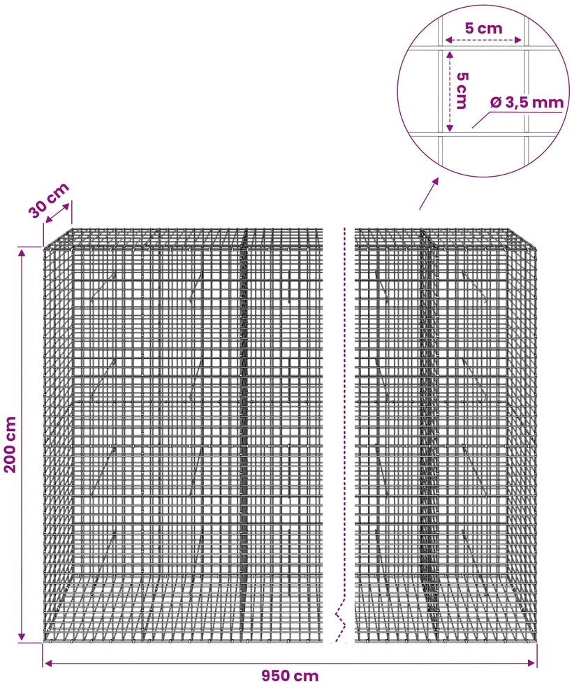 Gabionas su 3,5 mm laidu ir 5x5 cm tinkleliu 950x30x200 cm