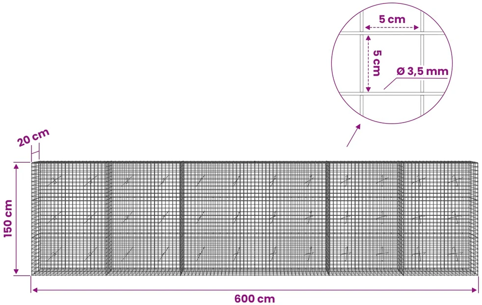 Gabionas su 3,5 mm laidu ir 5x5 cm tinkleliu 600x20x150 cm