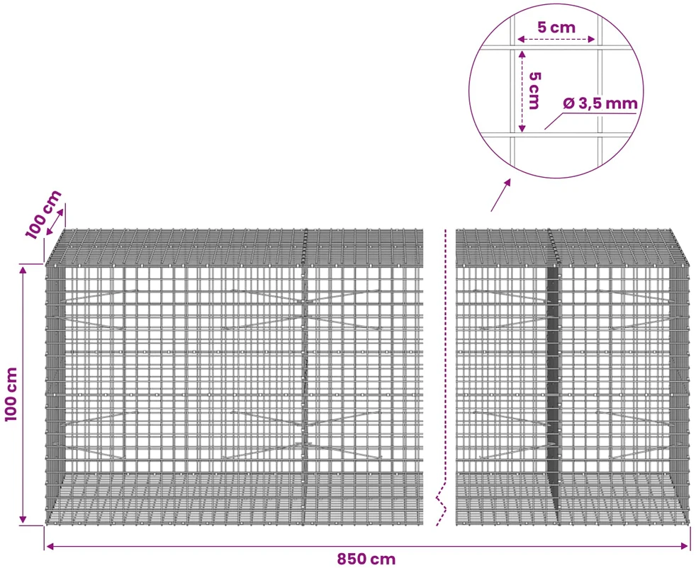 Gabionas su 3,5 mm laidu ir 5x5 cm tinkleliu 850x100x100 cm