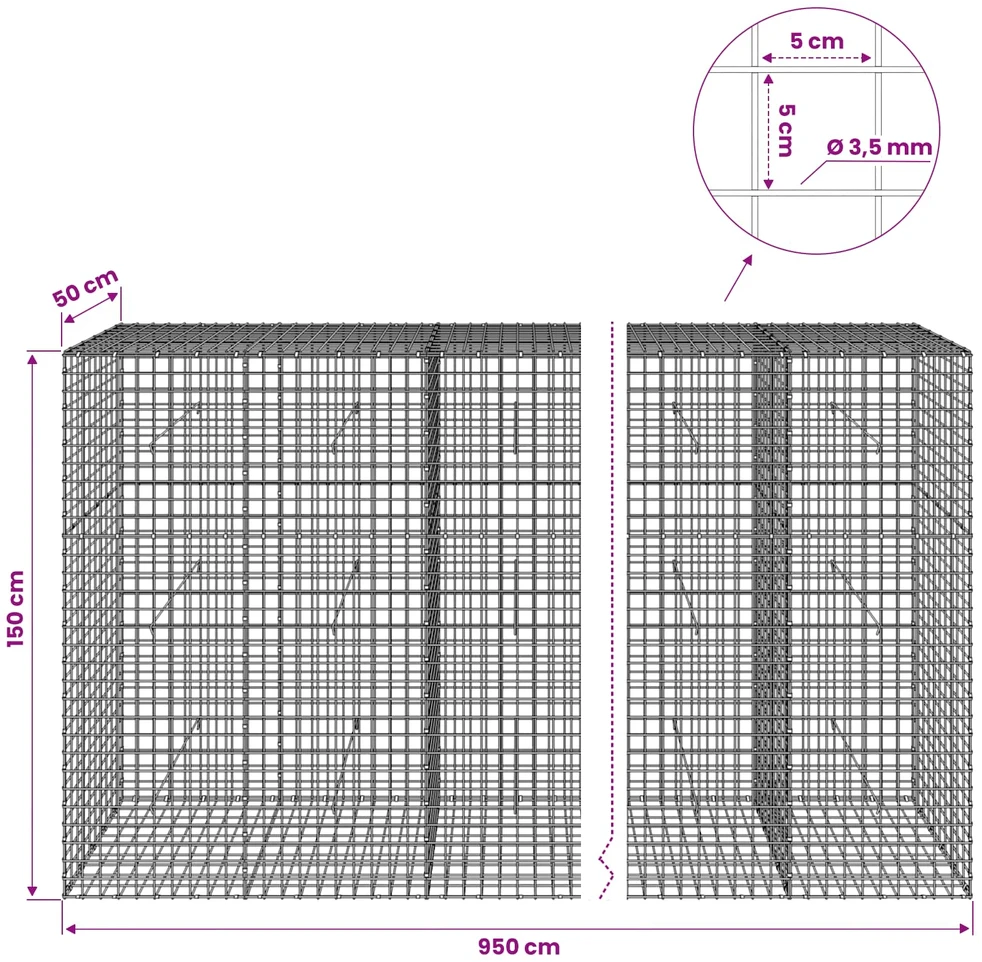 Gabionas su 3,5 mm laidu ir 5x5 cm tinkleliu 950x50x150 cm