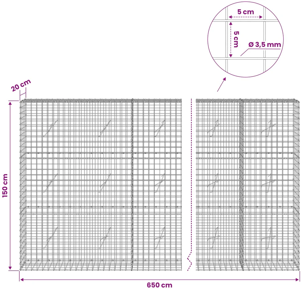 Gabionas su 3,5 mm laidu ir 5x5 cm tinkleliu 650x20x150 cm