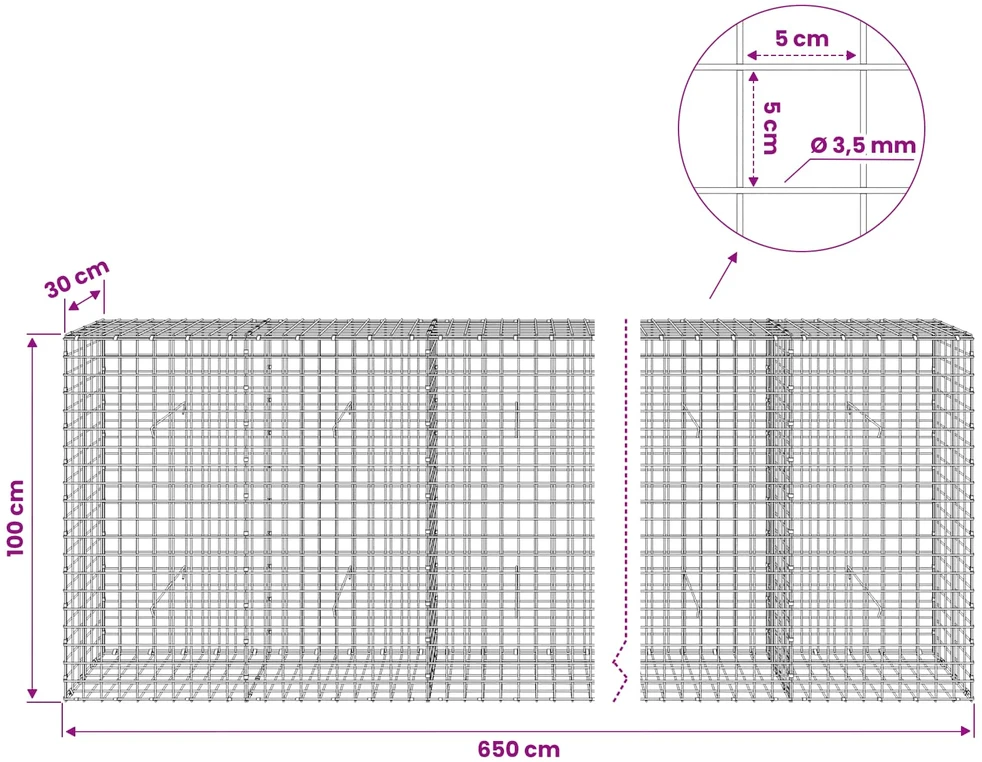 Gabionas su 3,5 mm laidu ir 5x5 cm tinkleliu 650x30x100 cm