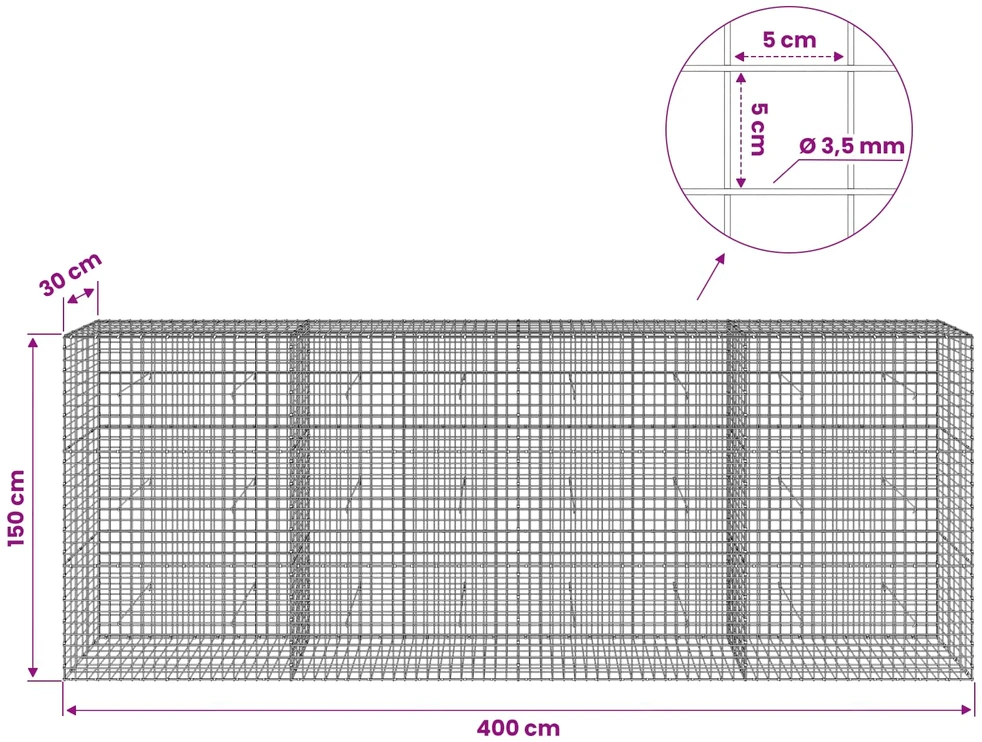 Gabionas su 3,5 mm laidu ir 5x5 cm tinkleliu 400x30x150 cm