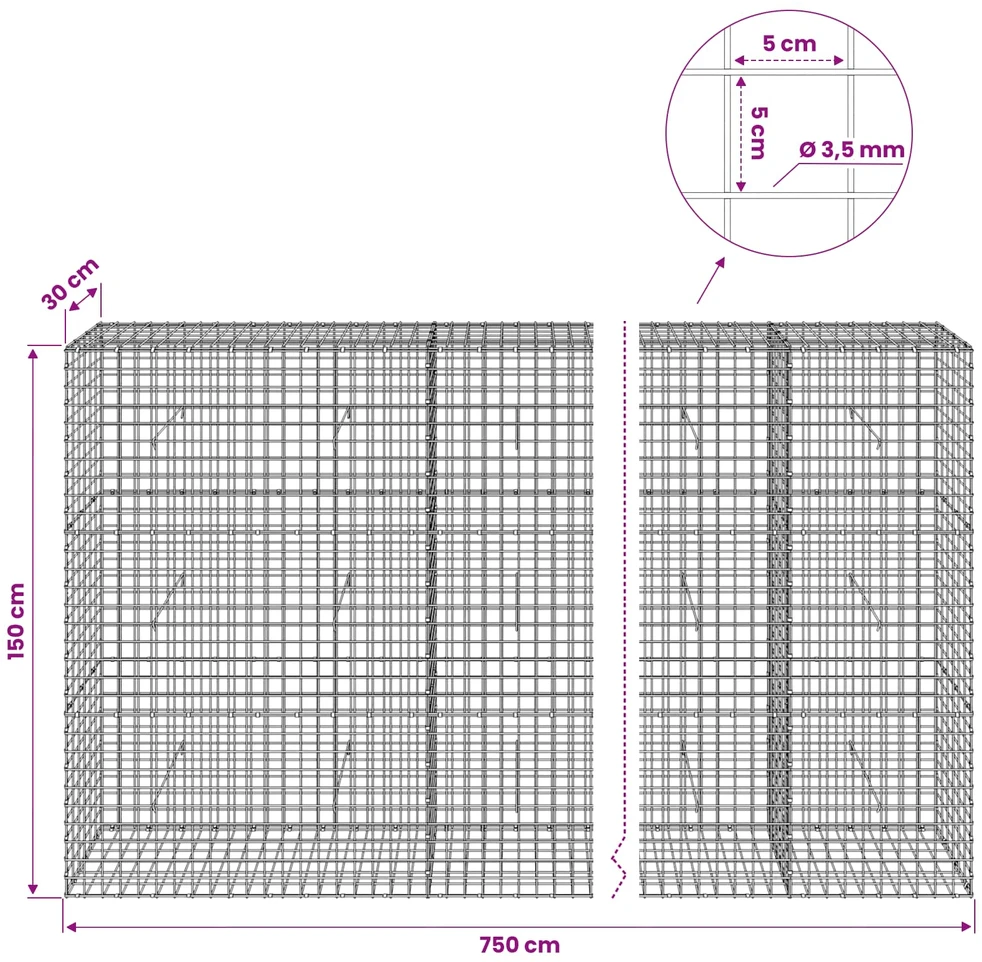 Gabionas su 3,5 mm laidu ir 5x5 cm tinkleliu 750x30x150 cm