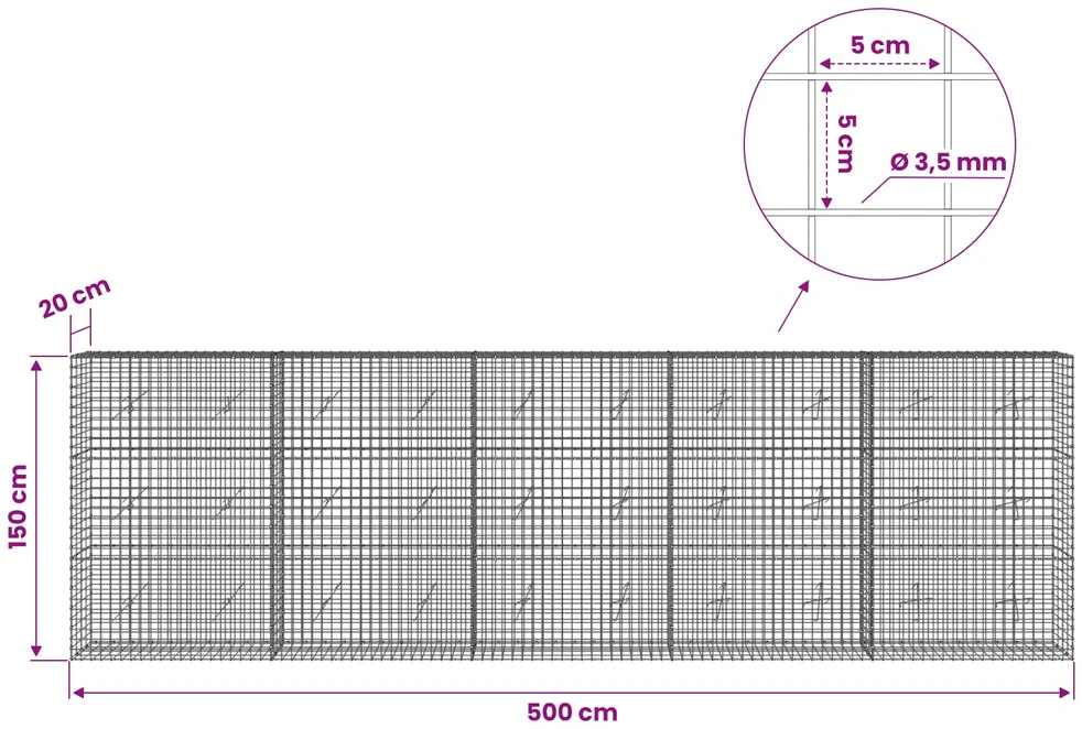 Gabionas su 3,5 mm laidu ir 5x5 cm tinkleliu 500x20x150 cm