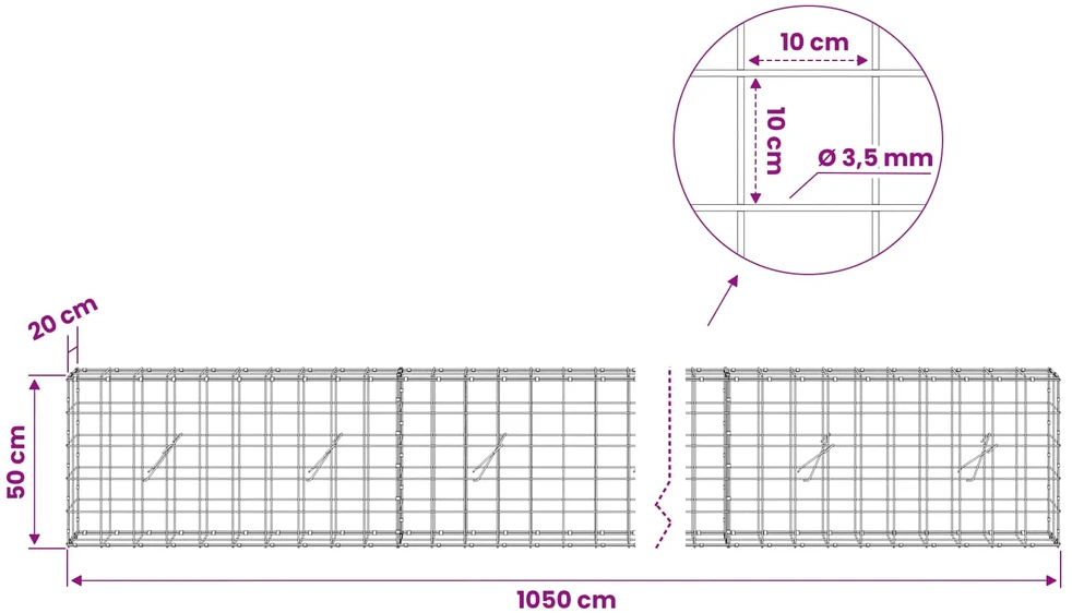 Gabionas su 3,5 mm viela ir 10x10 cm tinkleliu 1050x20x50 cm