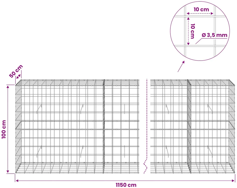 Gabionas su 3,5 mm viela ir 10x10 cm tinkleliu 1150x50x100 cm