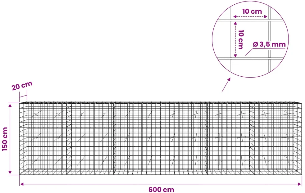 Gabionas su 3,5 mm viela ir 10x10 cm tinkleliu 600x20x150 cm